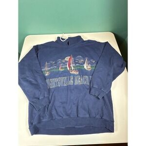 Vintage Wrightsville Beach NC Hoodie Pullover Sailboats Graphic Blue Made in USA